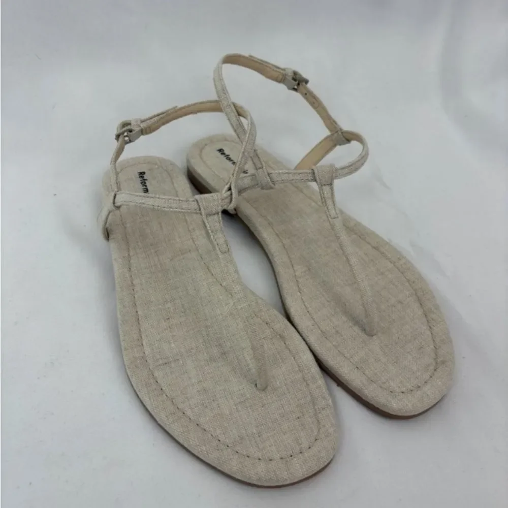 Reformation Cream Linen Thea T-Strap Women's Sandals